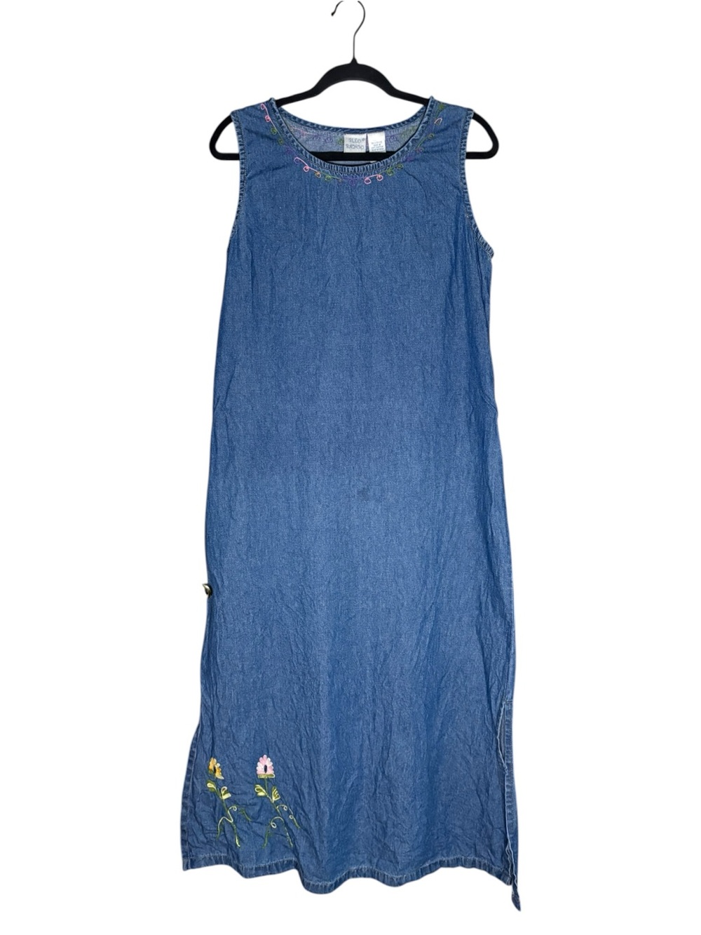 Vintage Bleu Bayou Denim Jumper Maxi Dress Embroidered Size Medium Jean Teacher